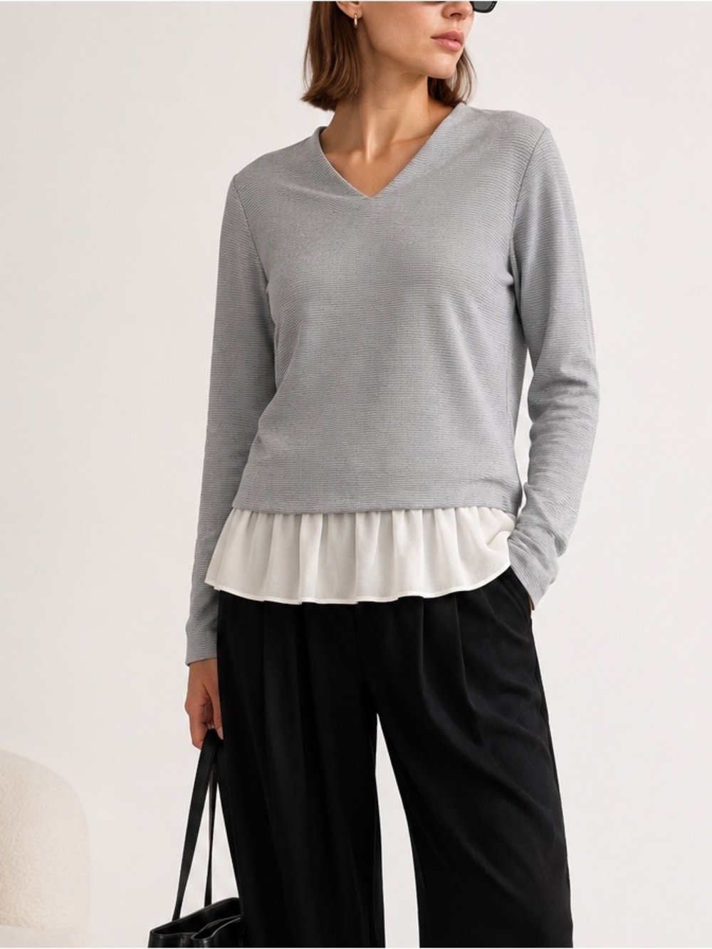 Bogner Gray Ribbed V Neck Layered Silk Ruffle Hem Top Size 8